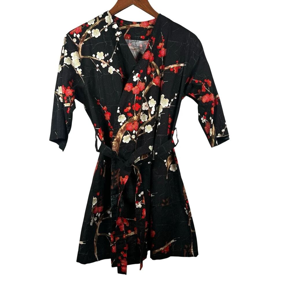 Robe Womens One Size Black Floral Kimono Belted 3/4 Sleeve Pockets Lounge